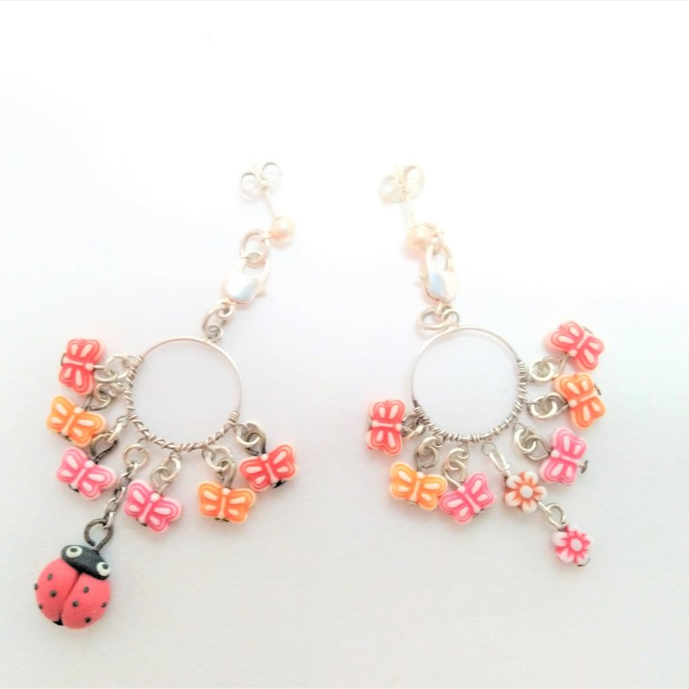 LADYBUG SILVER CIRCLE EARRINGS NECKLACE GIRL WOMEN